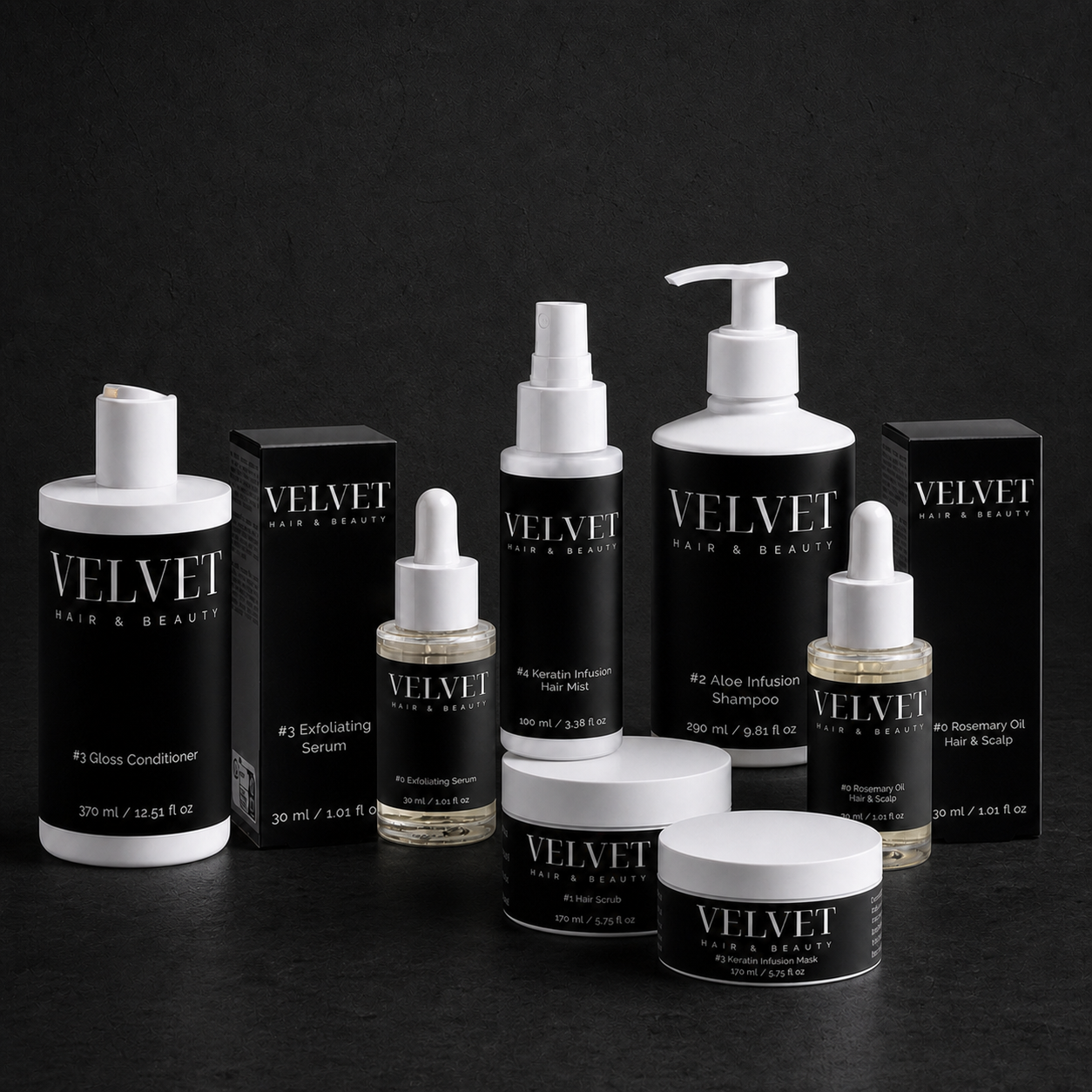 Collezione VELVET Hair Care completa su sfondo nero cemento
