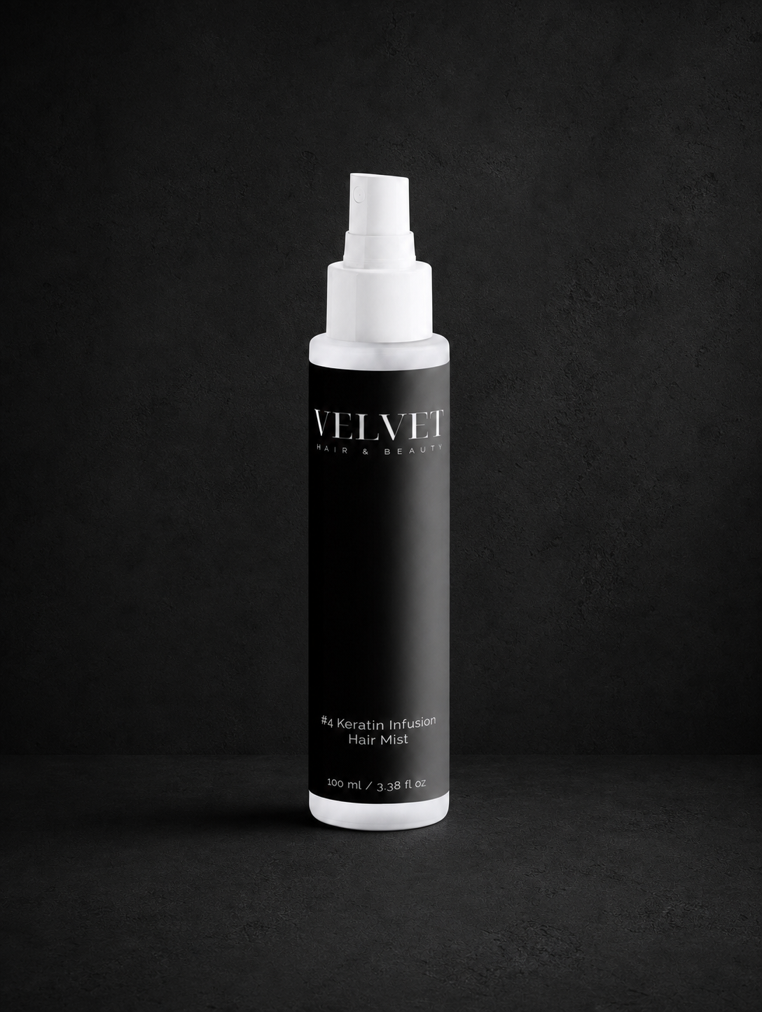 VELVET Hair Care #4 Keratin Infusion Hair Mist su sfondo nero cemento